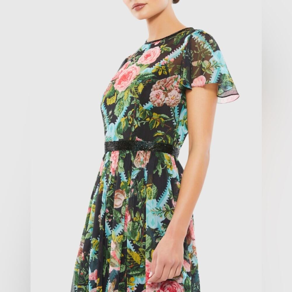 Mac Duggal Floral Illusion Cap Sleeve Midi Dress Black Multi Sheer NWT Size 4 - Picture 6 of 10